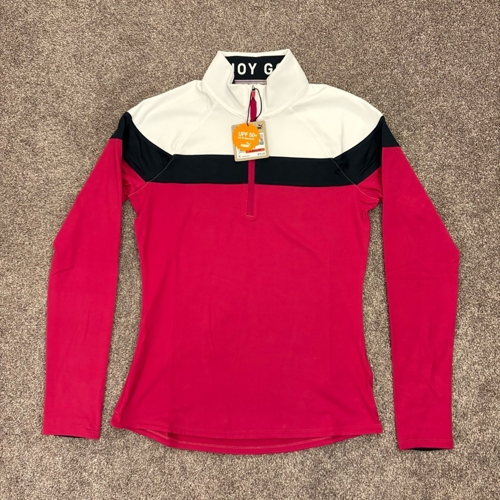 Puma Womens 1/4 Zip Top Size XS Long Sleeves Pink Navy White Golf Jacket NWT $75 - Picture 2 of 16
